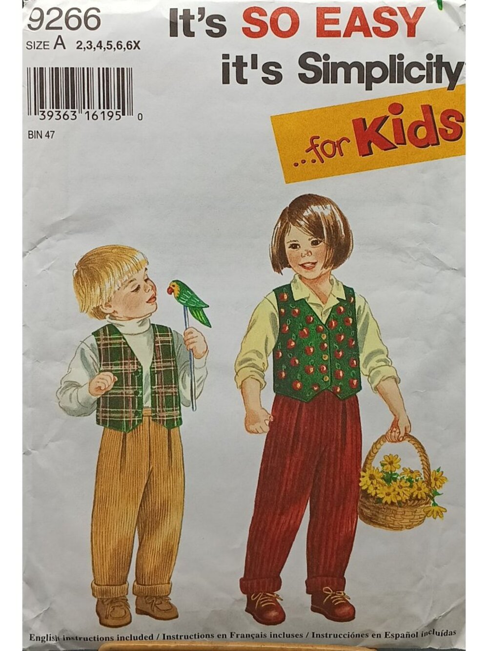 Simplicity 9266 Childs Vintage Sewing Pattern Pants & Lined Vest Sizes 2-6X